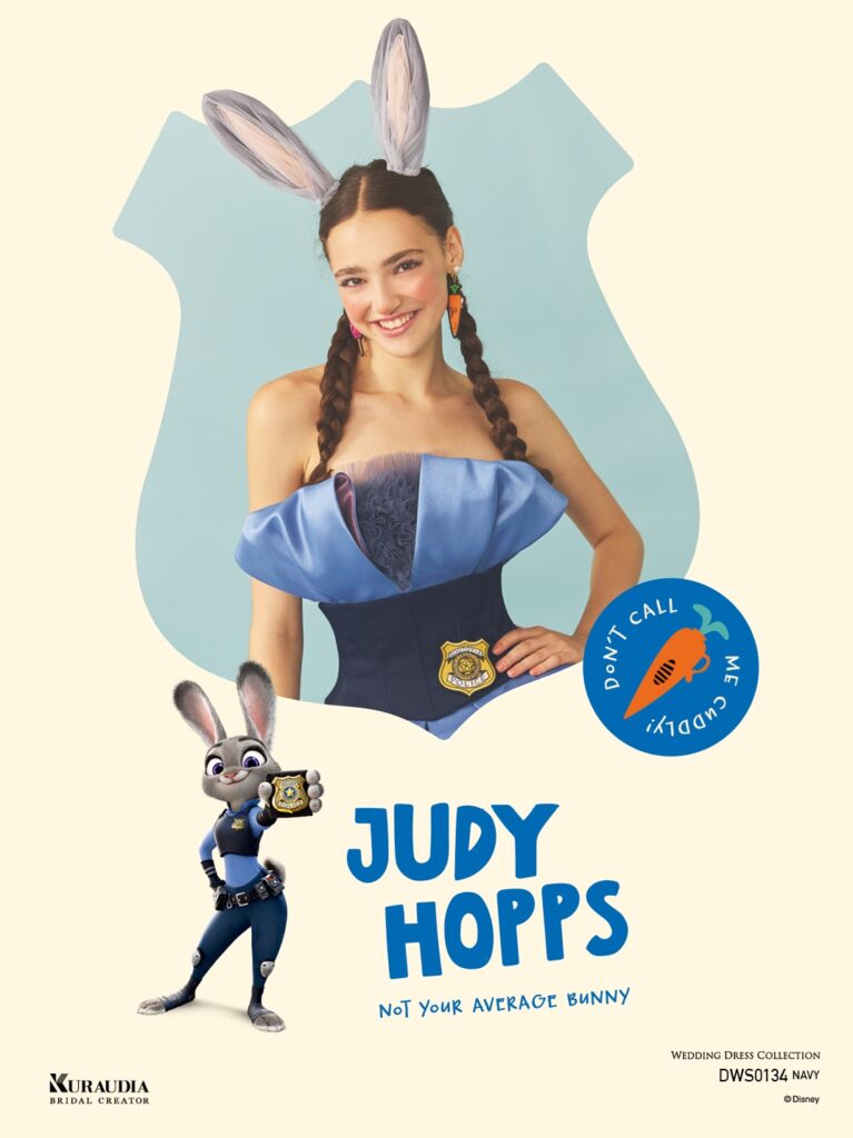 DWS0134 Navy 「Judy Hopps」| 耳を表現した胸元の立体的な飾りや、警察官バッチ、しっぽを表現したチュールの飾りなど、「ジュディ・ホップス」からインスパイア された遊び心があふれる一着です。