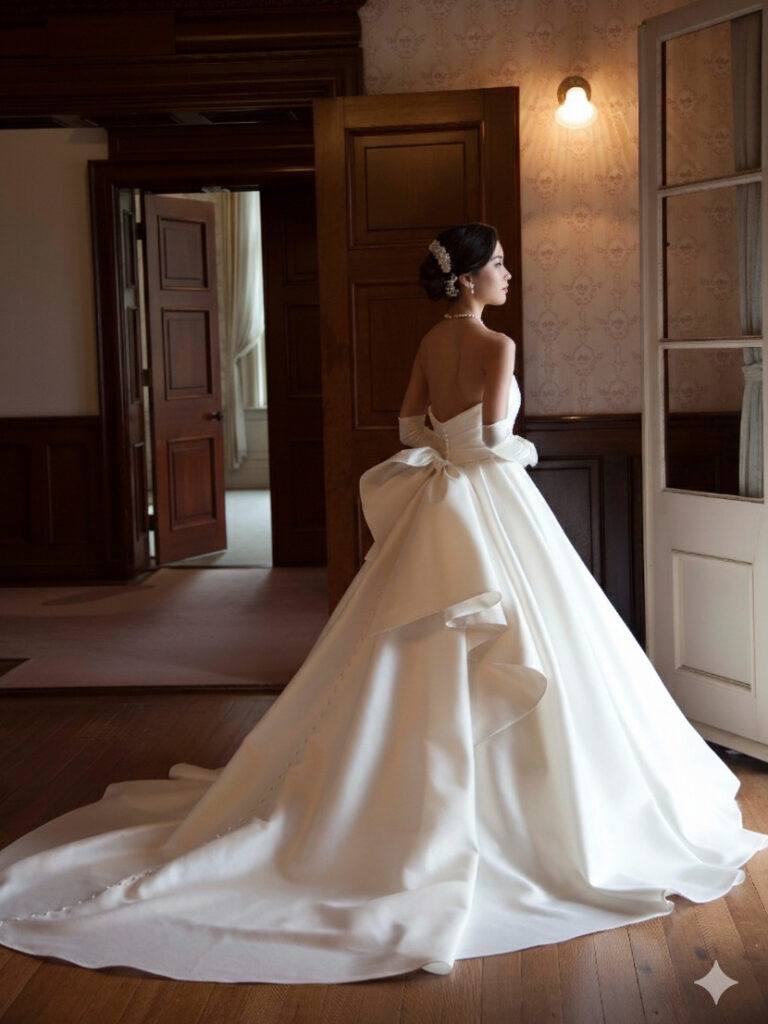 BB-004 | 上品な光沢を放つミカド素材を全面に用いたシンプルなマリエ。幾重にも重ねられてボリューム感を表現したスカートシルエット、ウェストラインにはアシメトリーにタックを取ったサッシュベルト、足長効果を生みます。バックにはアシメトリーの大きなリボンが、スカート裾まで続くクルミボタンと相俟って、シンプルな中に印象的なバックデザインに。