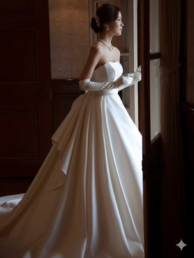 BB-004 | 上品な光沢を放つミカド素材を全面に用いたシンプルなマリエ。幾重にも重ねられてボリューム感を表現したスカートシルエット、ウェストラインにはアシメトリーにタックを取ったサッシュベルト、足長効果を生みます。バックにはアシメトリーの大きなリボンが、スカート裾まで続くクルミボタンと相俟って、シンプルな中に印象的なバックデザインに。