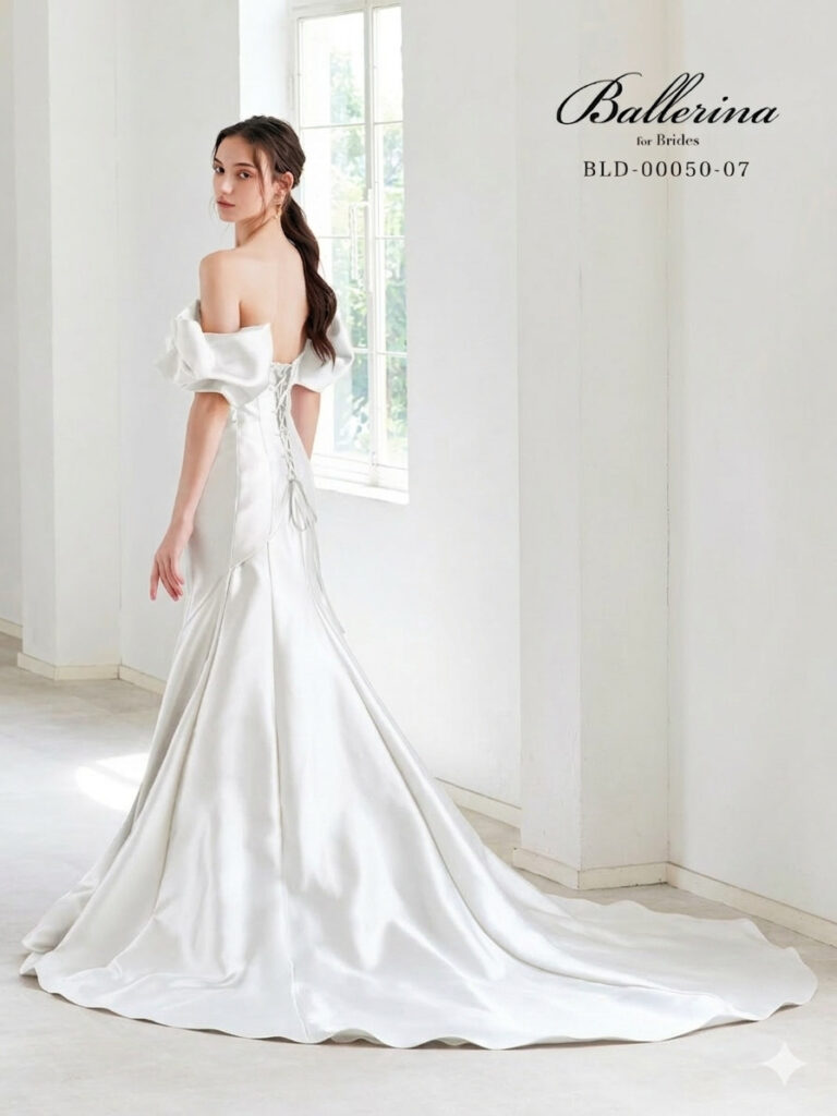 BLD-00050-07（ホワイト）Ballerina ドレスコレクション | クチュール的なパフスリーブが特徴のスタイリッシュなマーメイドスタイル。美しい曲線美とスタイルアップ効果を追求し、よりきれいに見せる２サイズフリーを実現しました。素材は、発色が良く深みのある色味がポイントです。